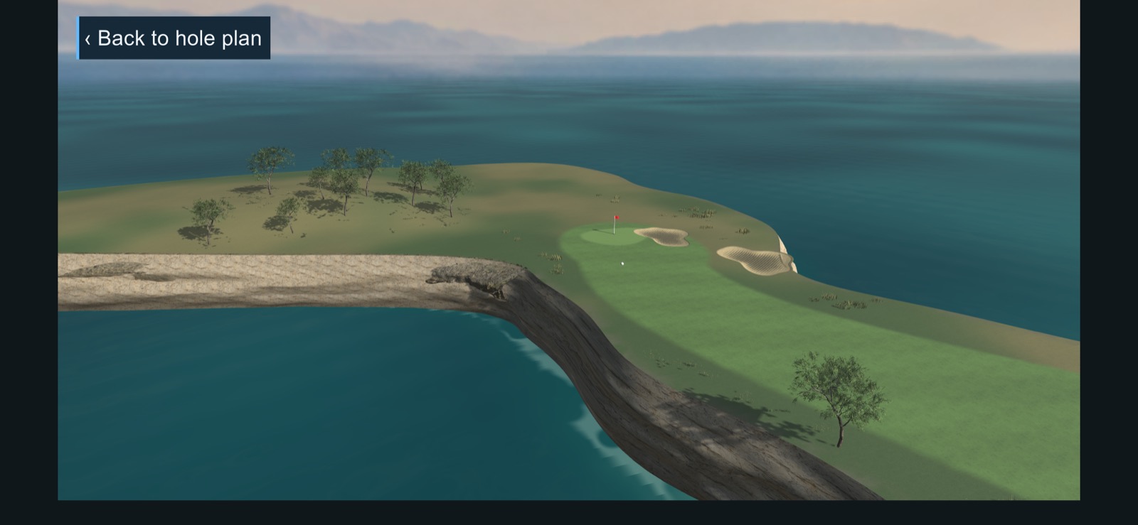 Coastal green and red flag framed by existing trees, seaside grasses, bunkers and blue water in Wild Card Golf